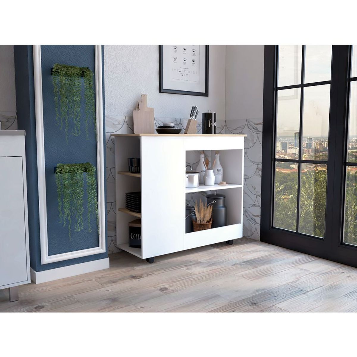 RTA DESIGN - Mesa Auxiliar de Cocina Coralyn Blanco entrepaños y rodachines