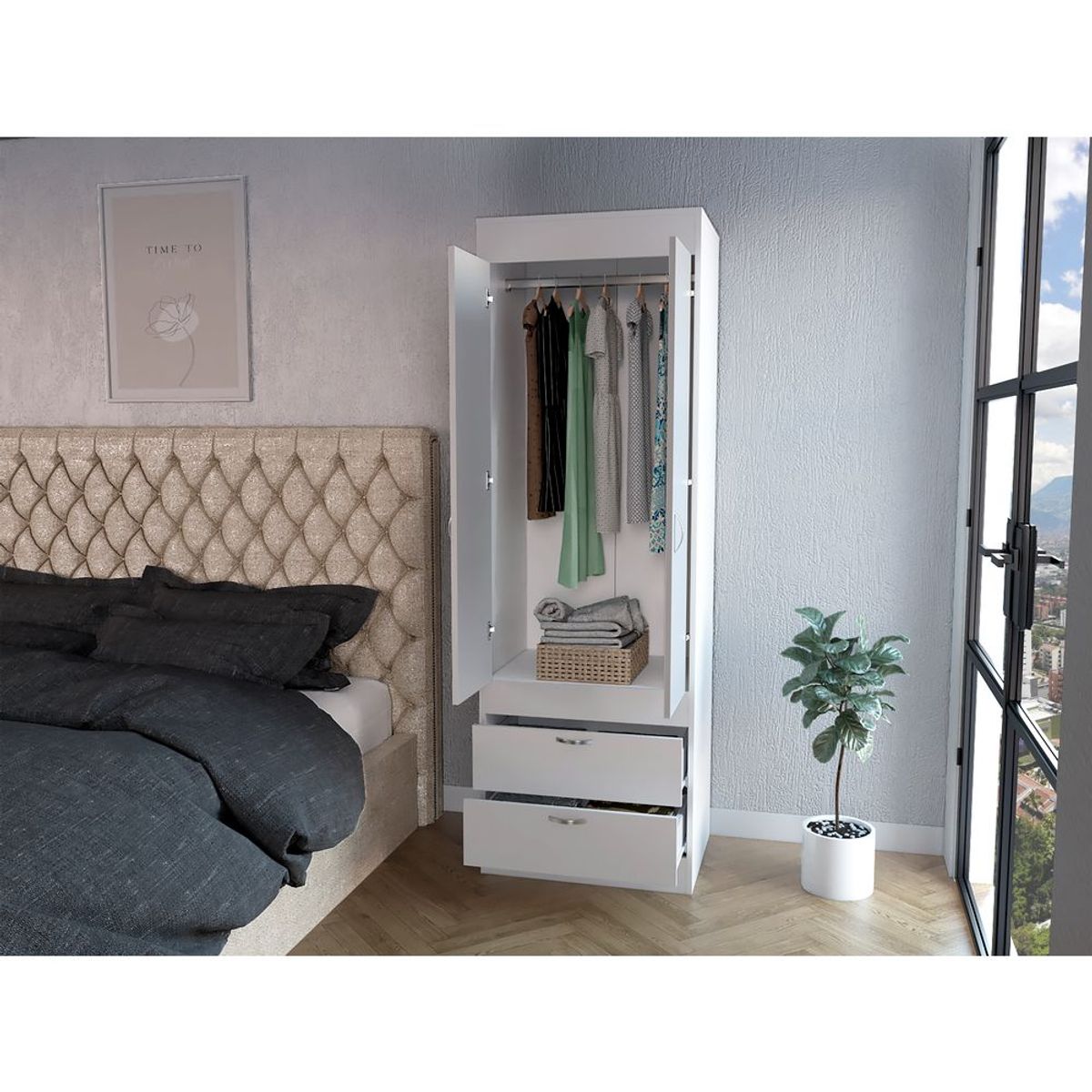 RTA DESIGN - Closet Agata Blanco con Dos Cajones y Tubo Cromado Para Colgar Ropa ZF