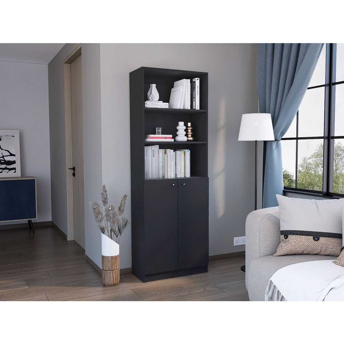 RTA DESIGN - Biblioteca Home Wengue con Cuatro Entrepaños y Dos Puertas Abatibles