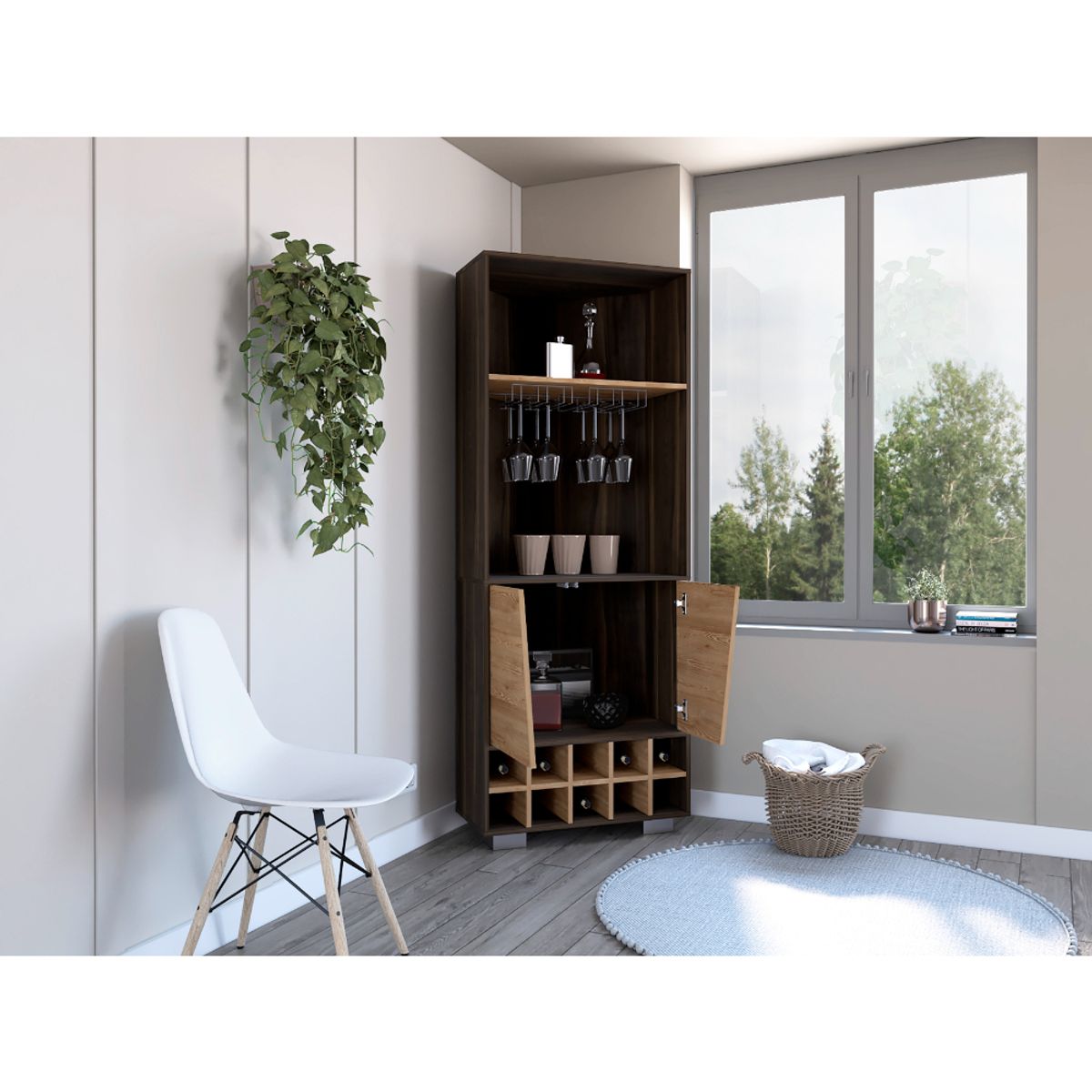 RTA DESIGN - Bar Esquinero Orus Caoba con Espacio Para Botellas y Porta Copas