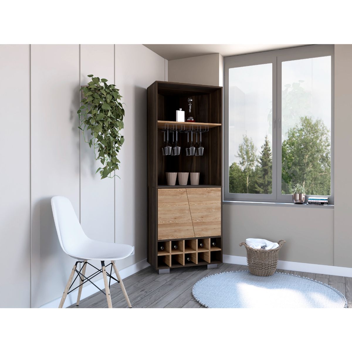 RTA DESIGN - Bar Esquinero Orus Caoba con Espacio Para Botellas y Porta Copas
