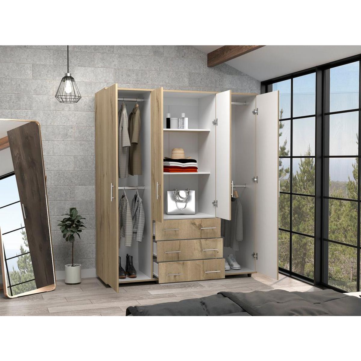 RTA - Closet Fontana Café Claro Cuatro Tubos Para Colgar Ropa y Zapatero