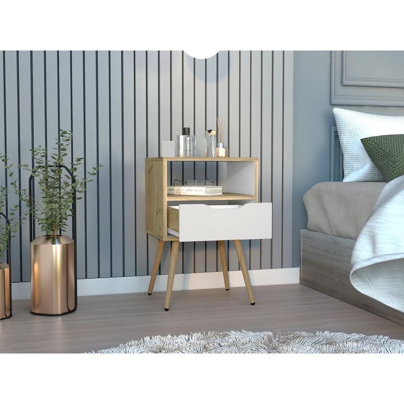 RTA DESIGN - Mesa de Noche Alesio Café Claro y BlancoPatas en Madera y un Cajón