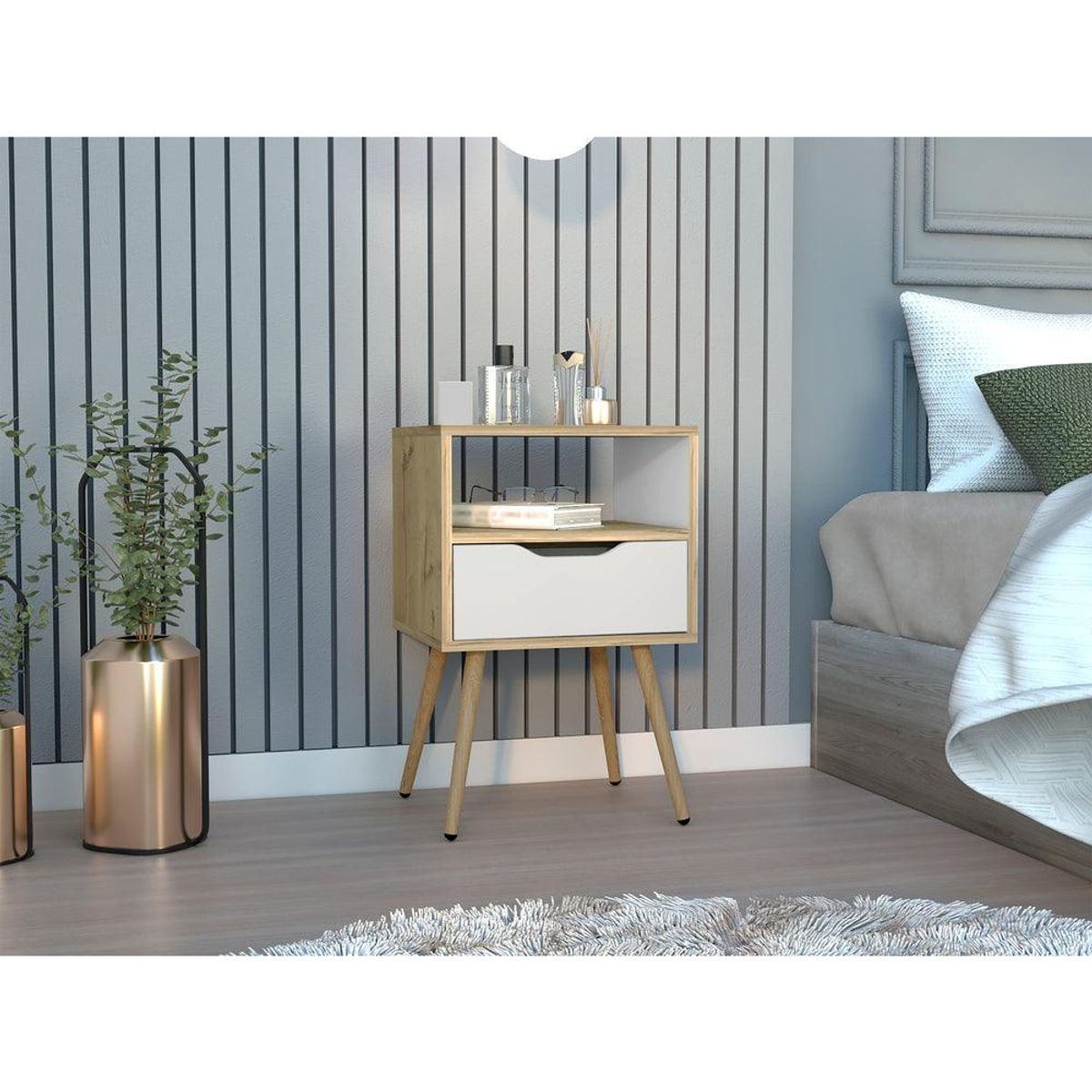 RTA DESIGN - Mesa de Noche Alesio Café Claro y BlancoPatas en Madera y un Cajón