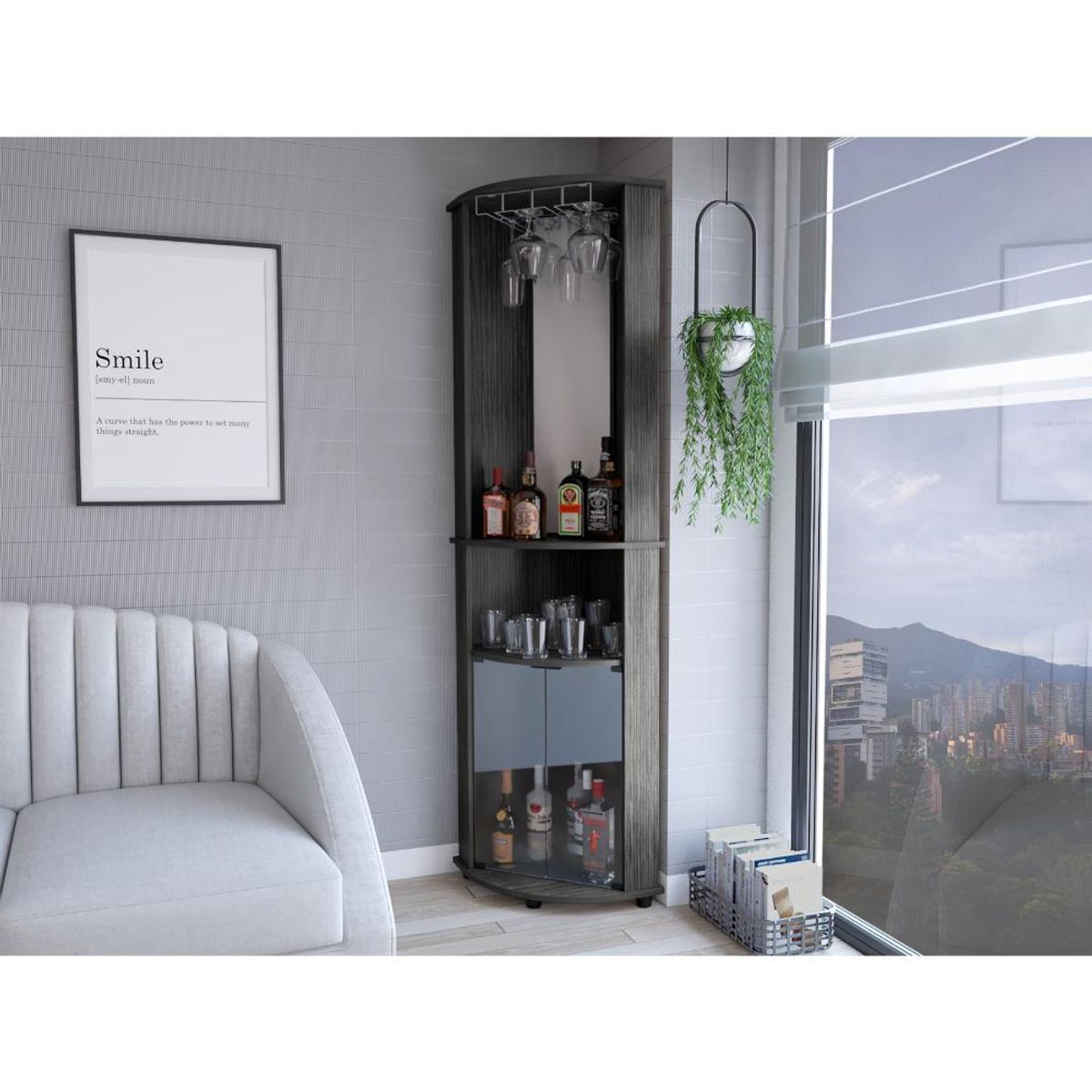 RTA DESIGN - Bar Esquinero Chicago Gris  con colgador de copas ZF