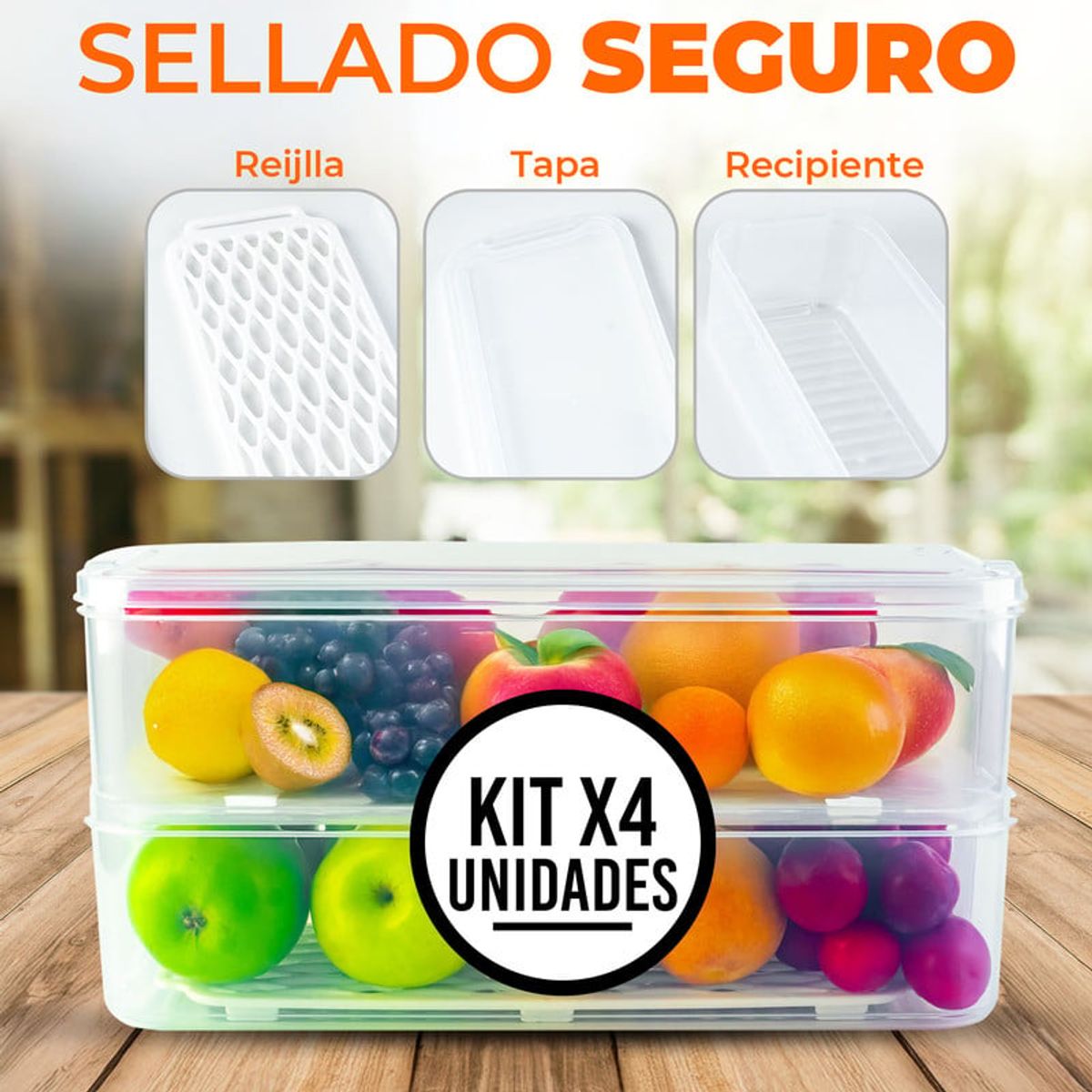 CHEF MASTER - Set x4 Recipientes para Nevera Apilables Rejilla Escurridora.