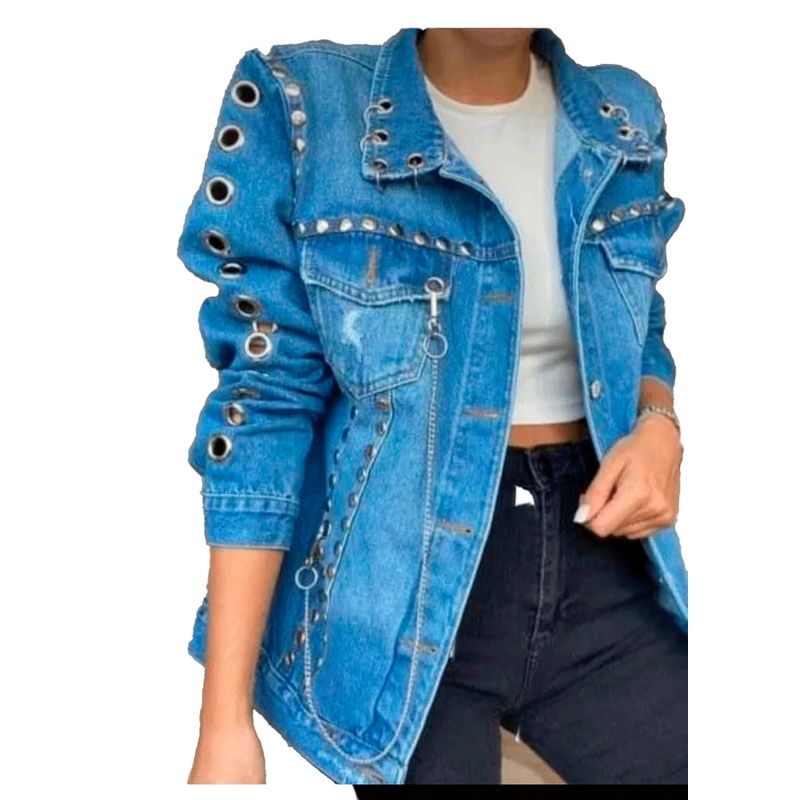 VIA7 - Chaqueta oversize de jean bolsillos y cadenas de moda