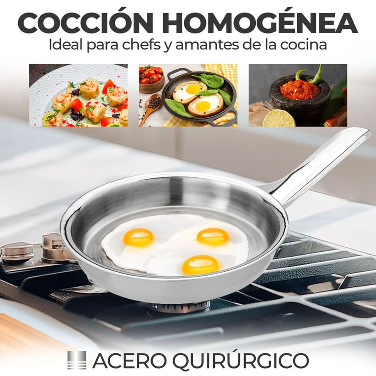CHEF MASTER - Sartén Acero Quirúrgico 1810 con Tapa Cocina Gourmet Prof