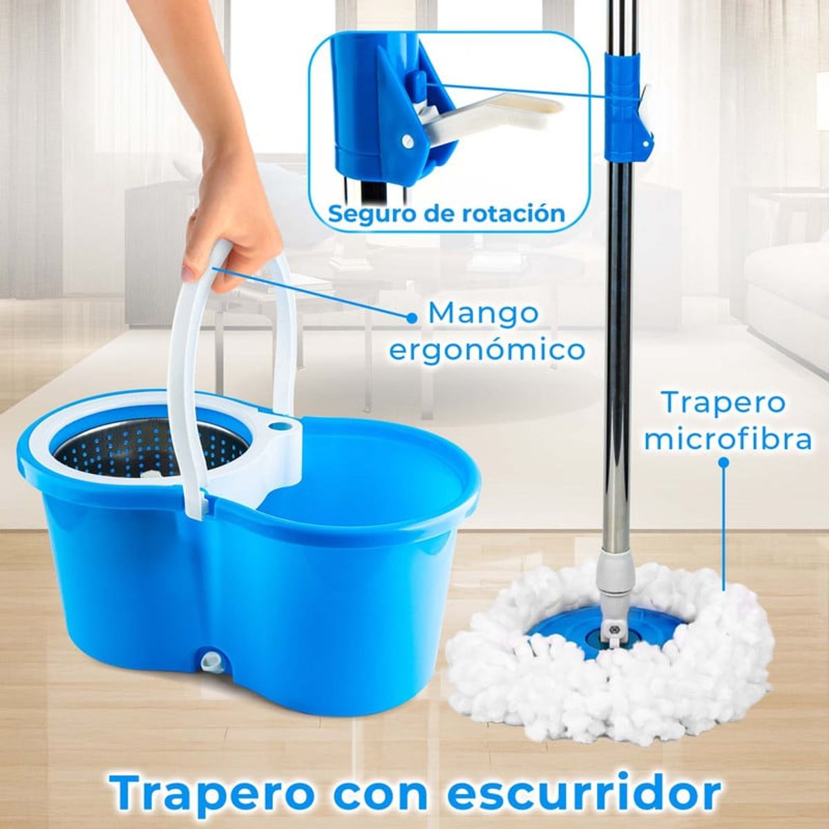 ENERGY PLUS - Trapeador Giratorio 360°  Autoescurrible y 2 Repuestos Azul