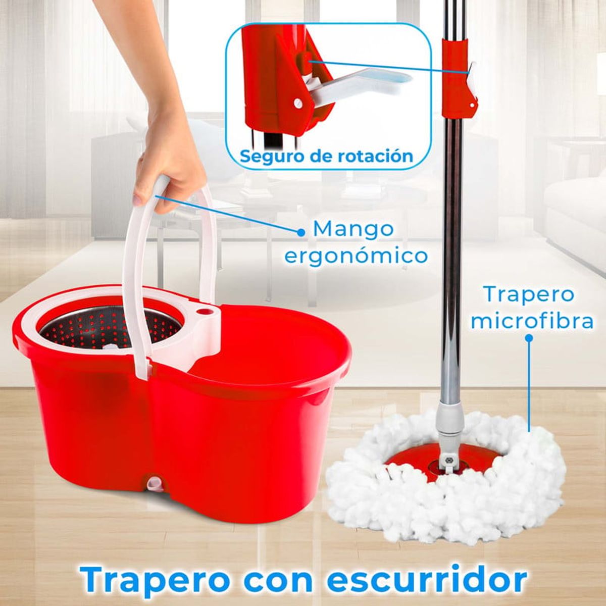 ENERGY PLUS - Trapeador Giratorio 360° Autoescurrible 2 Repuestos Rojo