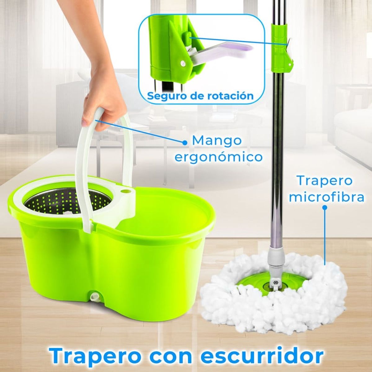 ENERGY PLUS - Trapeador Giratorio 360° Autoescurrible y 2 Repuestos Verde