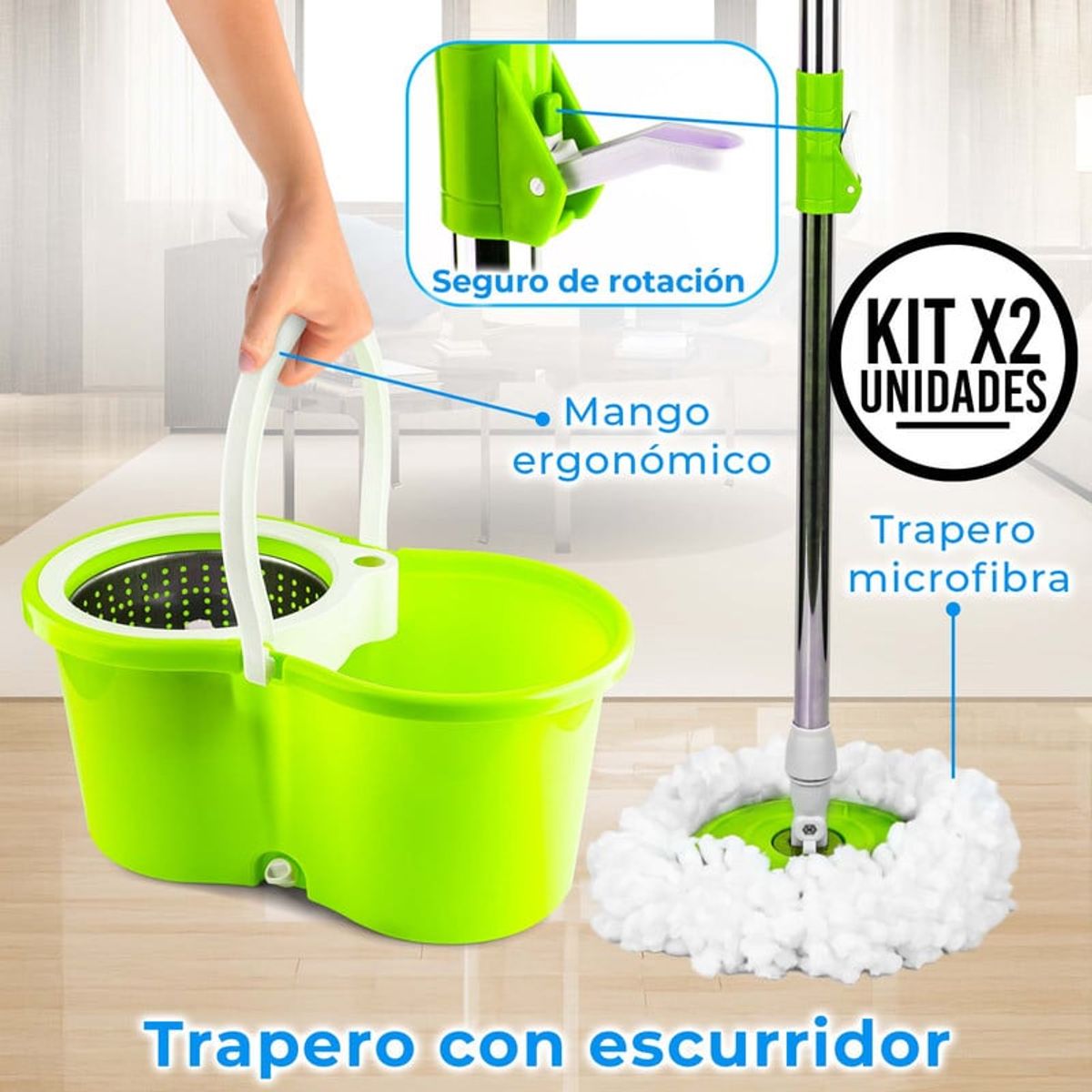 ENERGY PLUS - Set x2 Trapeador Giratorio 360° Escurridor 2 Repuestos Verde