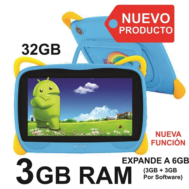 KRONO - Tablet Niños 3GB RAM Android 13 32GB Wifi Azul Claro