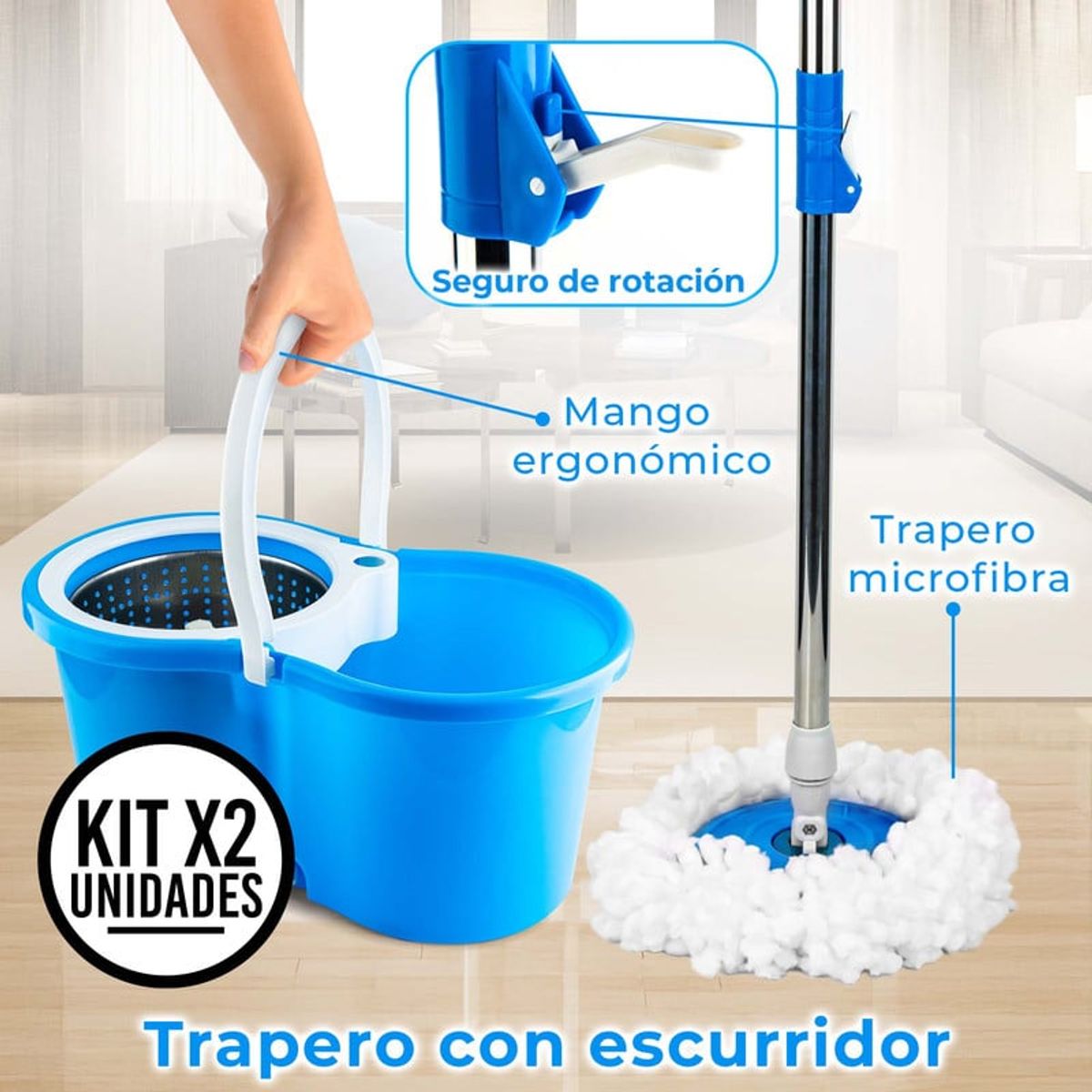 ENERGY PLUS - Set x2 Trapeador Giratorio 360° Balde Escurridor 2 Repuestos Azul