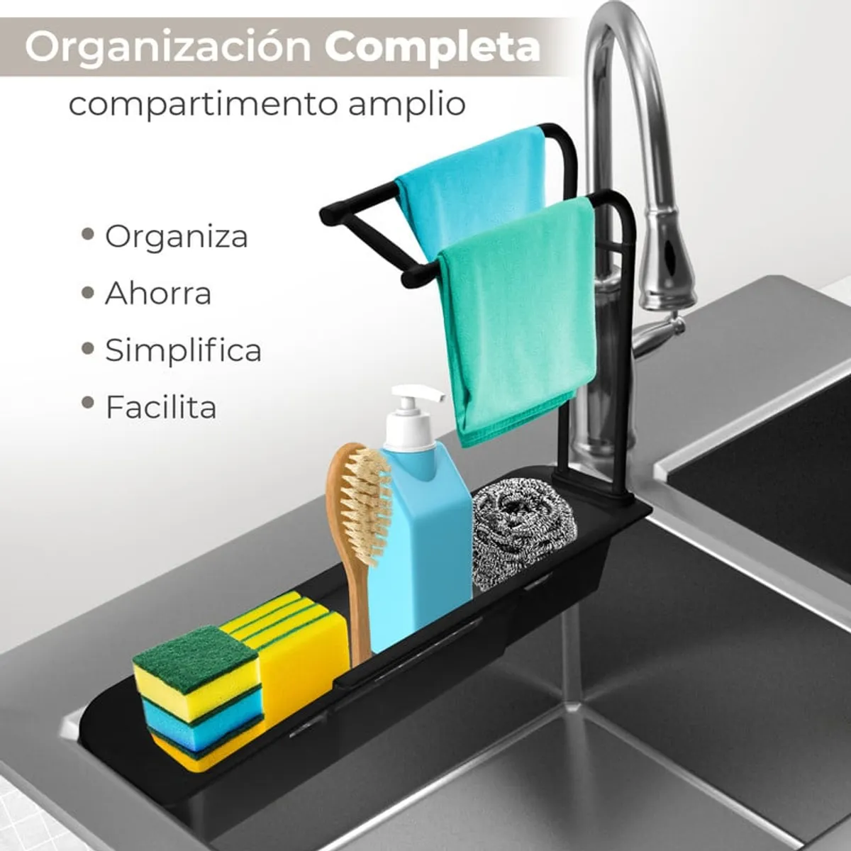 CHEF MASTER - Organizador Lavaplatos Esponja y Jabón Escurridor Negro