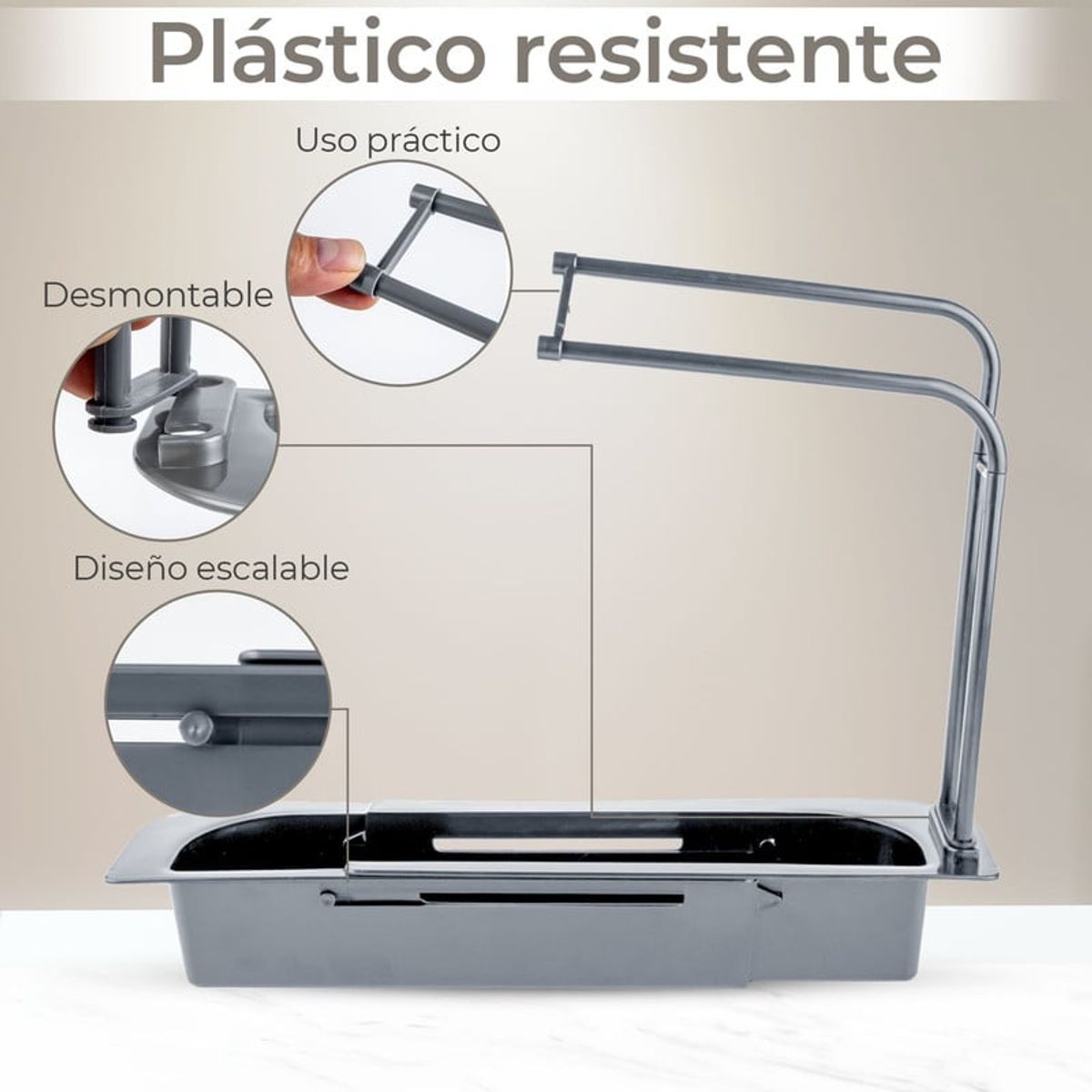 CHEF MASTER - Organizador Lavaplatos Esponja y Jabón Escurridor Gris