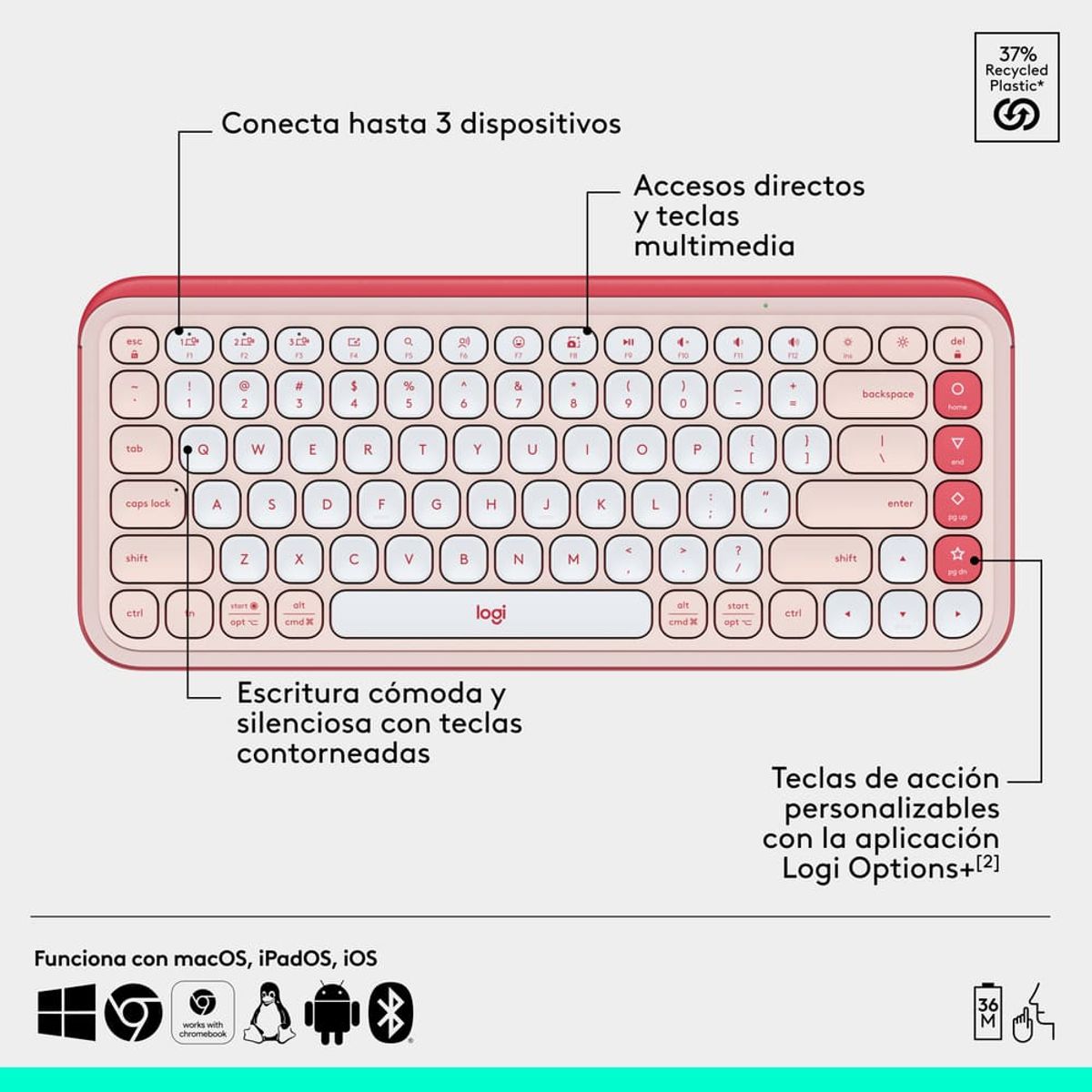 LOGITECH - Combo Teclado Y Mouse Bluetooth Logitech Pop Icon Rosado