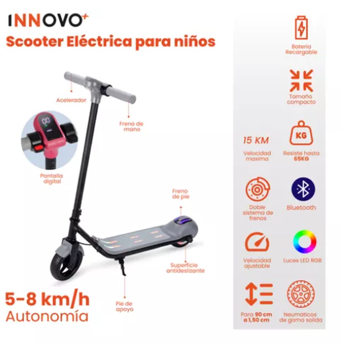 INNOVA - Patineta Eléctrica Niños Monopatín Scooter Luz Sonido Rosa