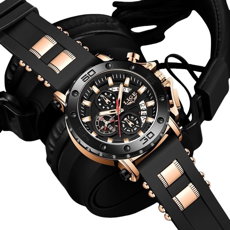 LIGE - RELOJ LIGE ORIGINAL PULSO GOMA CRONOGRAFO LG8908A NEGRO COBRIZO_.