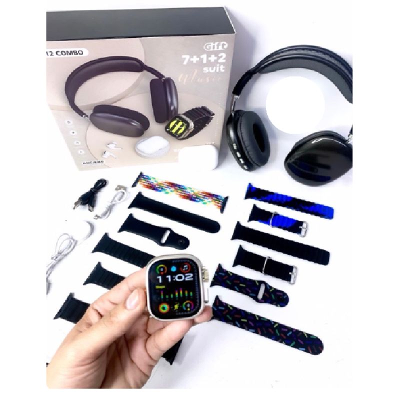 GENERICO - COMBO SMART WATCH NEGRO K12 PRO MAX + AURICULARES+ DIADEMA + 7 CORREAS