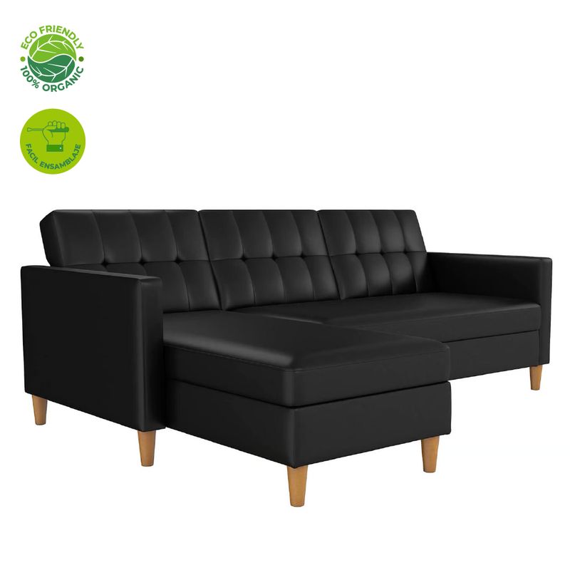 GENERICO - Sala sofá cama en L esquinero Moderno 3 Plazas Cuero Sintético Negro