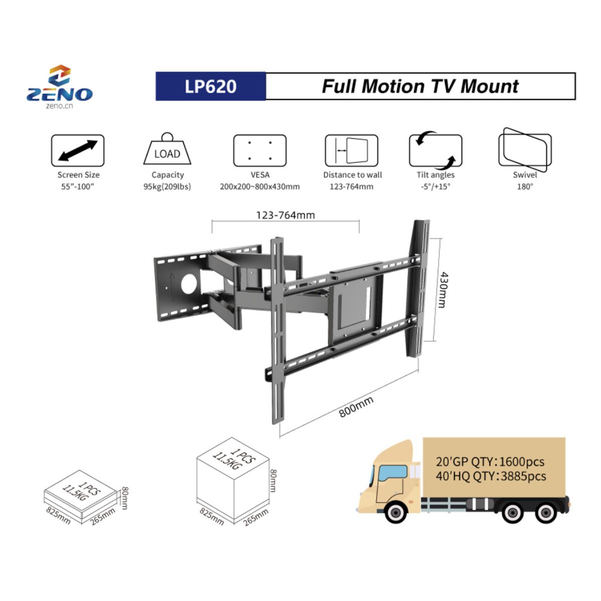 GENERICO - Soporte Tv Doble Brazo Largo 71cm 55-100 Pulgadas Zeno Lp620