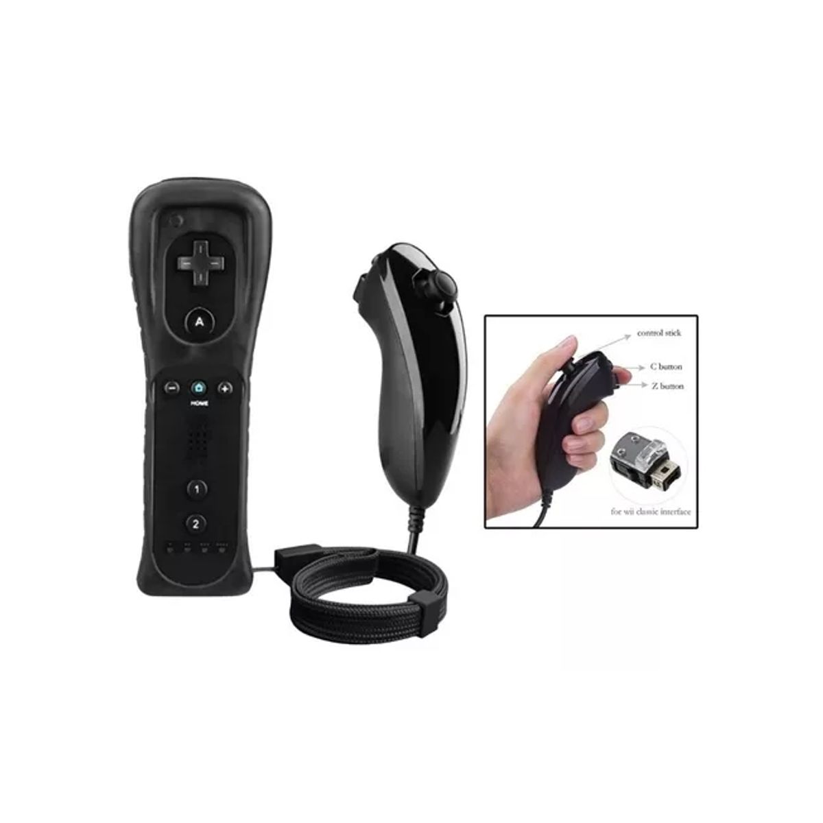 GENERICO - Mando A Distancia 2 en 1 Para Nintendo Wii Nunchuck Negro