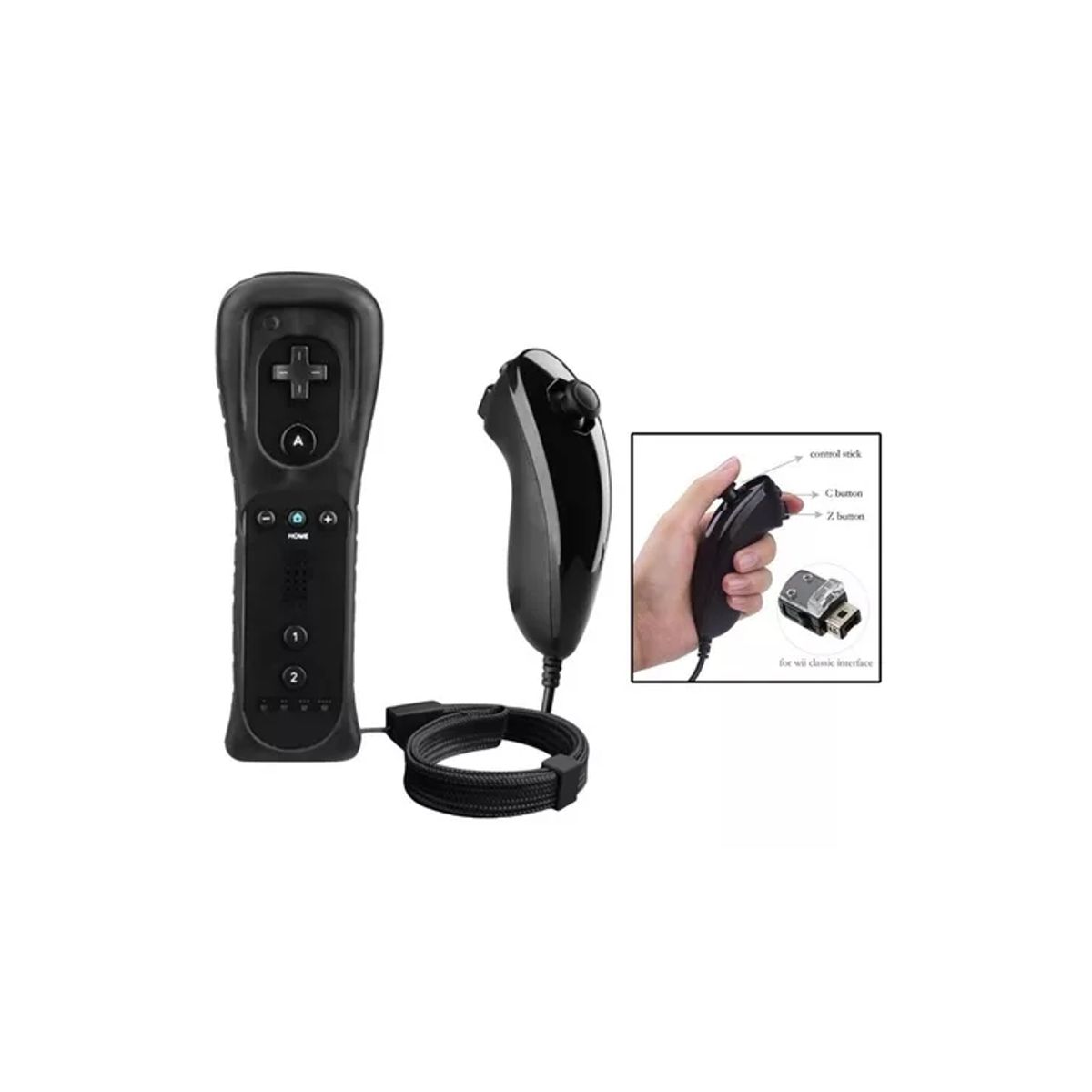 GENERICO - Mando A Distancia 2 en 1 Para Nintendo Wii Nunchuck Negro