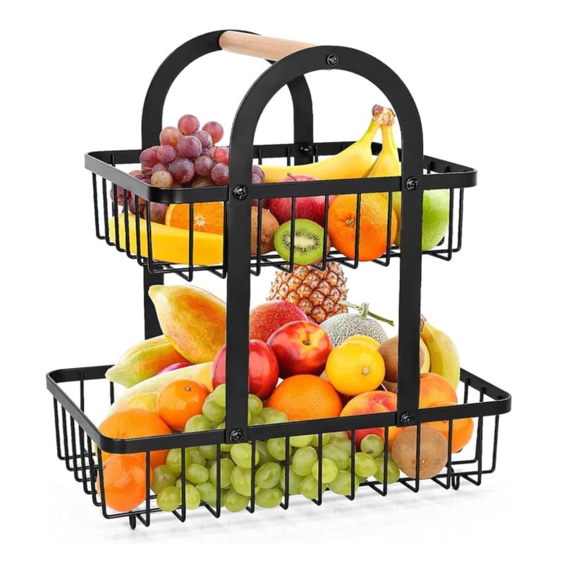 ONE PIXEL - Cesta de Frutas de 2 Niveles con Mango de Madera Multifuncional