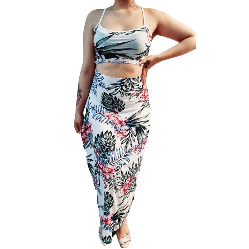 VIA7 - conjunto de falda larga licrada tela fresca y blusa tiras glamour