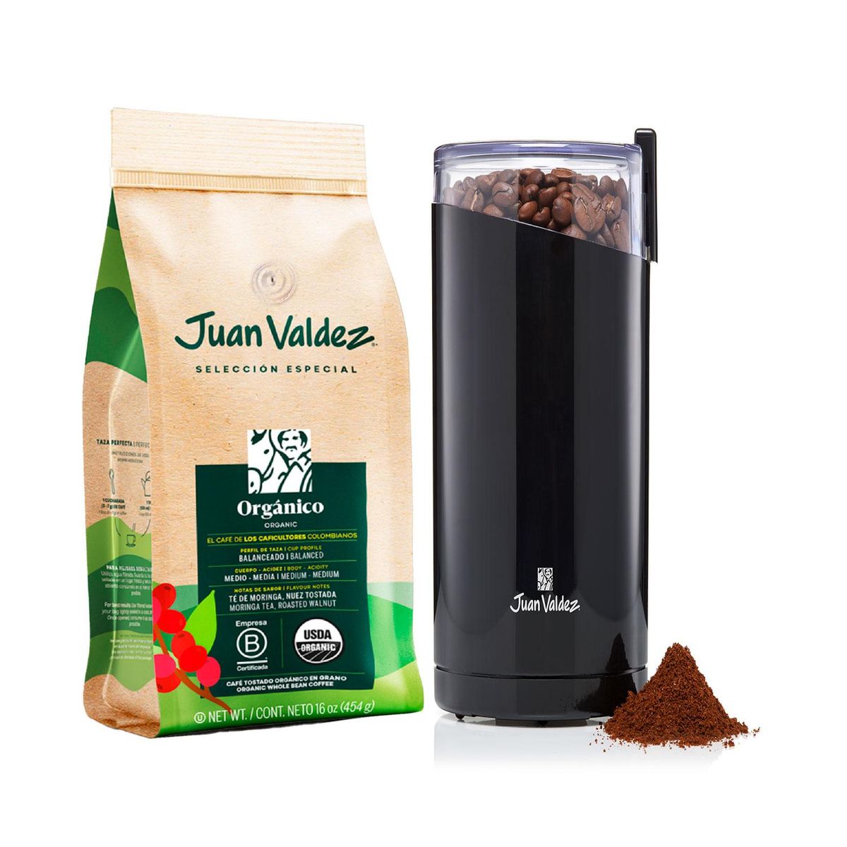 JUAN VALDEZ - Molino eléctrico + Café Orgánico grano 454gr