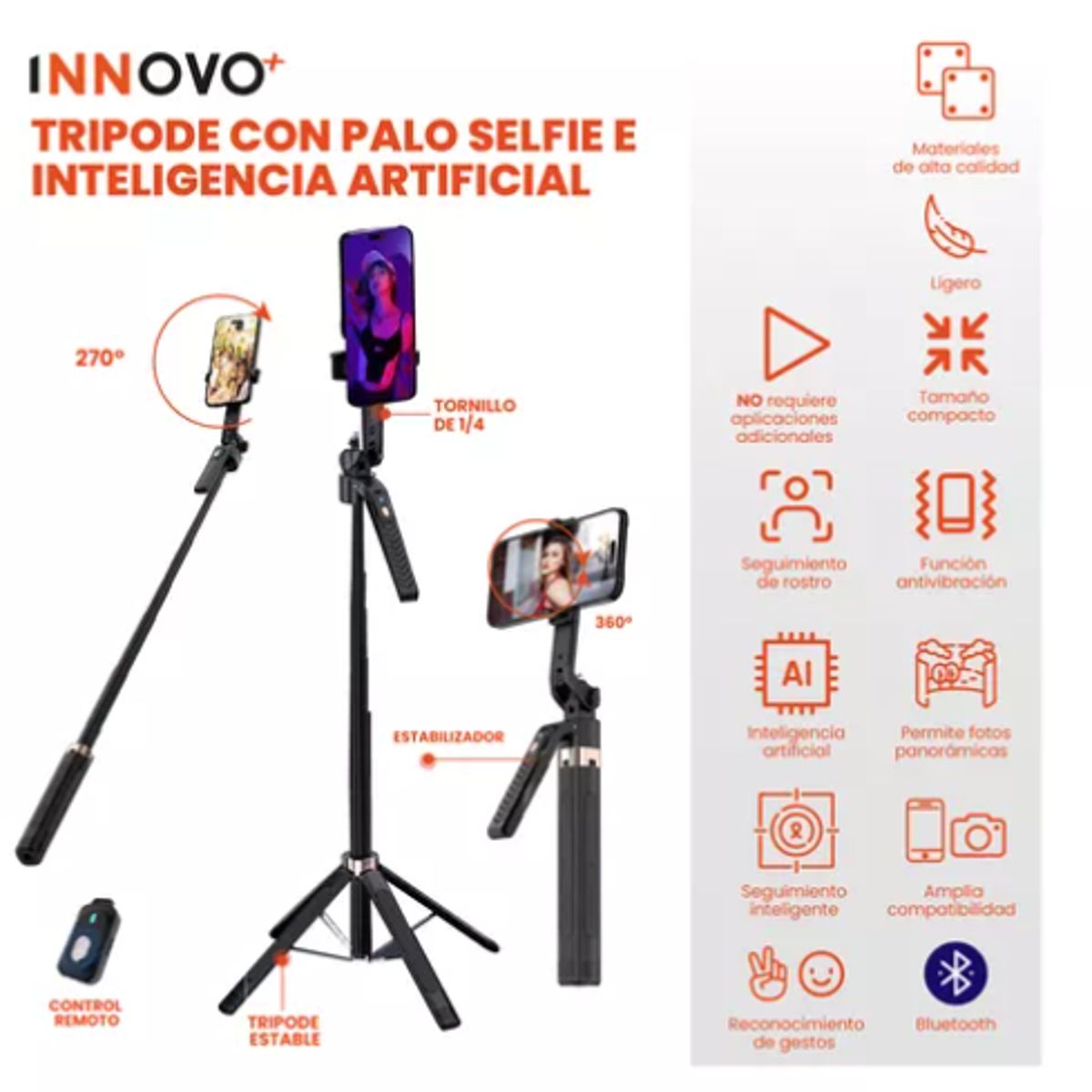 INNOVA - Palo Selfie Trípode Ia Inteligente Seguimiento Bluetooth 180