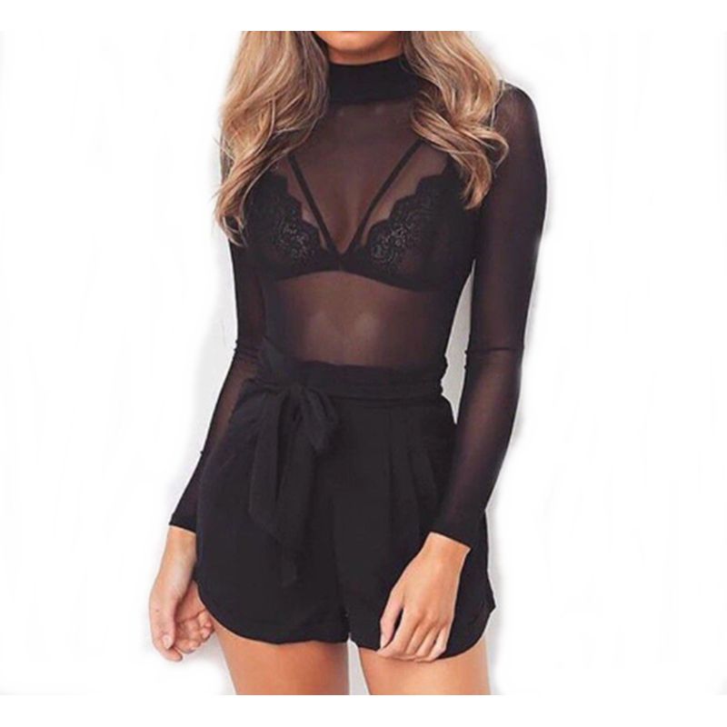 VIA7 - Blusa malla larga transparente cuello alto no incluye con top