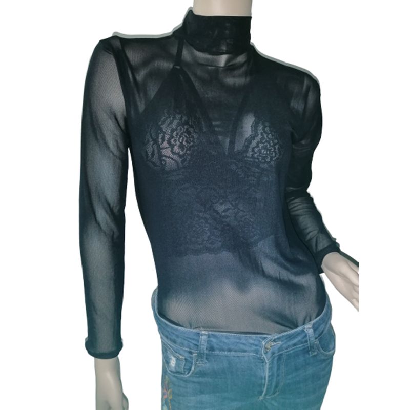 VIA7 - Blusa malla larga  manga larga transparente cuello alto con top