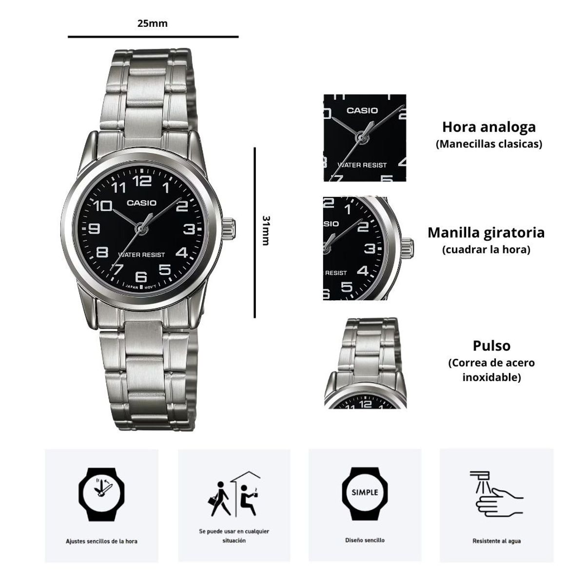 CASIO - Reloj Casio LTP-V001D-1B Diseño Elegante