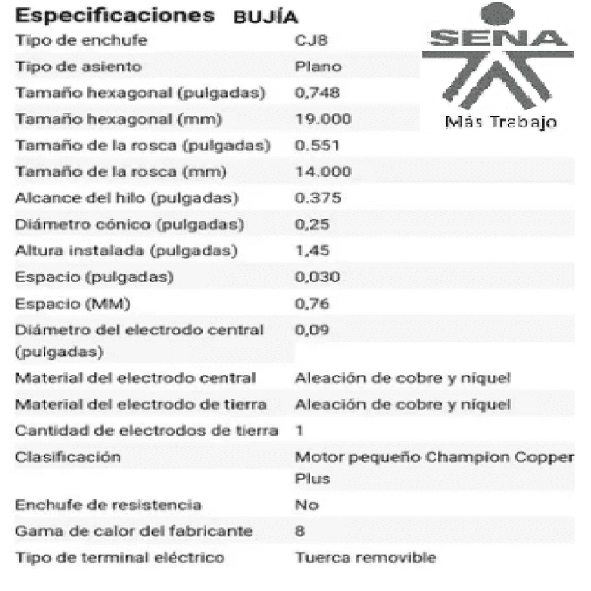 SENA - Bujía Ref CJ8 Motor 2 Tiempos