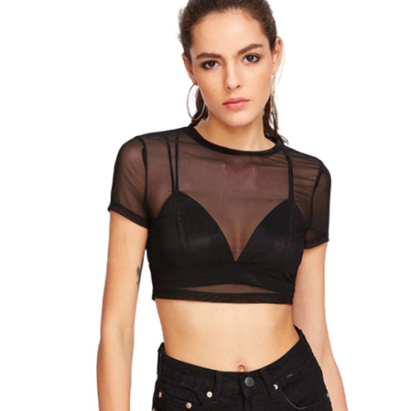 VIA7 - Blusa corta manga corta transparente para mujer no incluye croptop