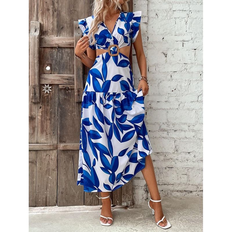 GENERICO - Vestido Con Estampado De Plantas De Manga Mariposa Vinculado Con Aro