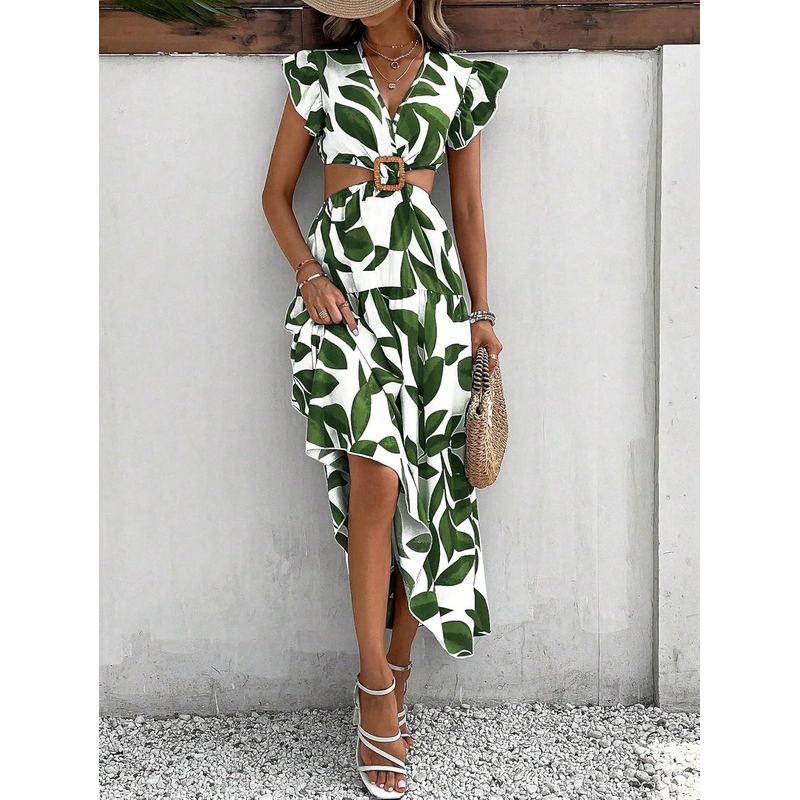 GENERICO - Vestido Con Estampado De Plantas De Manga Mariposa Vinculado Con Aro