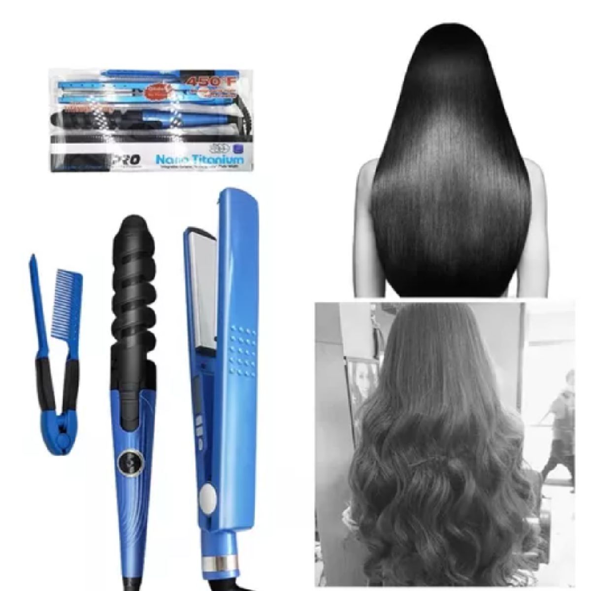 GENERICO - KIT DE PLANCHA RIZADORA Y PEINE PROFESIONAL AZULES EFICIENTES