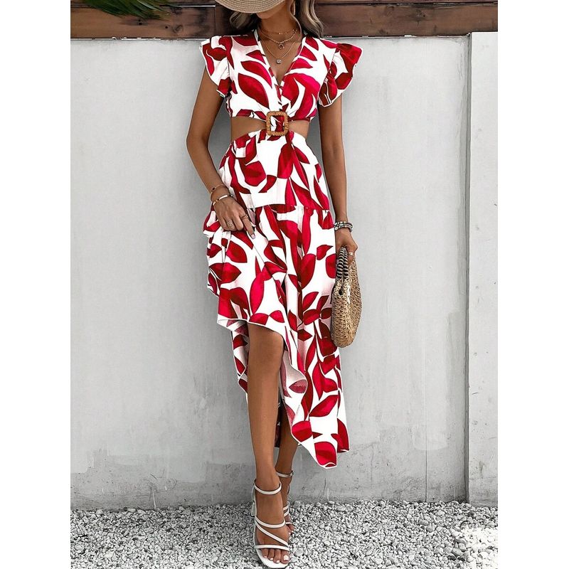 GENERICO - Vestido Con Estampado De Plantas De Manga Mariposa Vinculado Con Aro