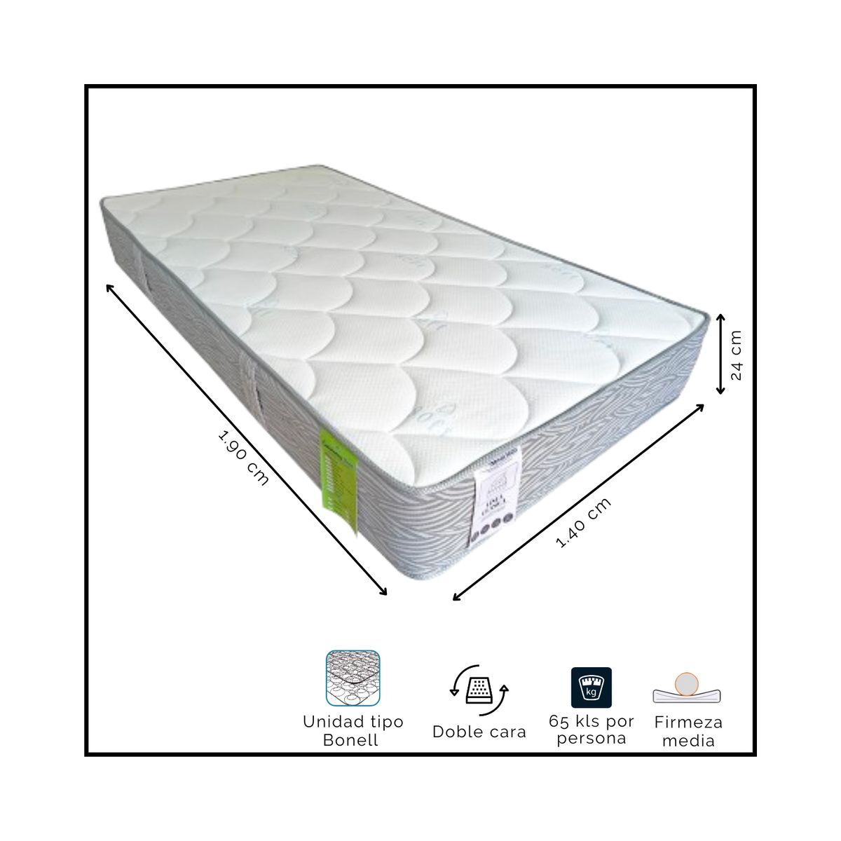 GENERICO - Colchón Doble Firmeza Media Resortado140x190 + Protector + 2 almohadas