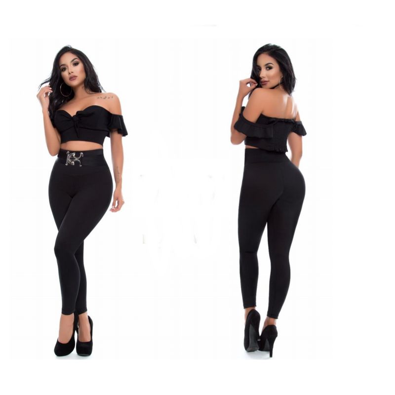 VIA7 - Leggins talle alto negro para mujer con pretina plateada elegante