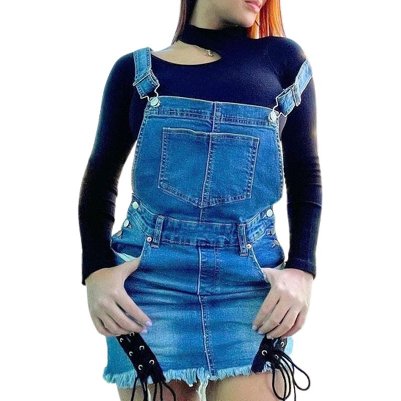 VIA7 - Overol en falda desflecada con bolsillos y trenza negra amcno