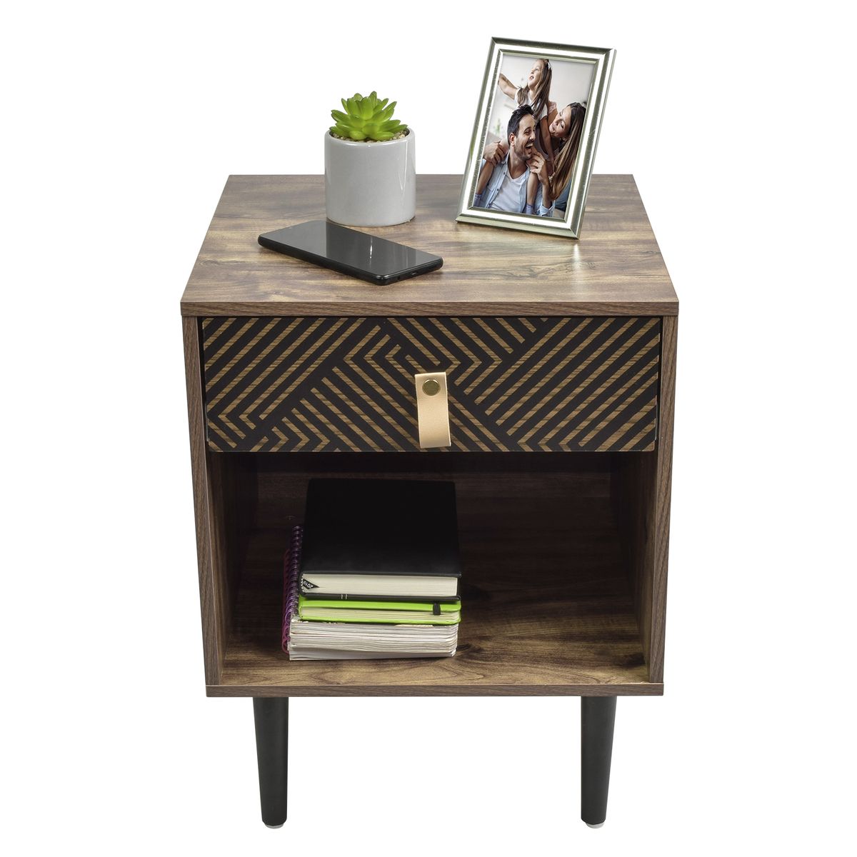 TOPLIVING - Mesa de Noche Moderna con Cajón y Estante Marrón y Negro