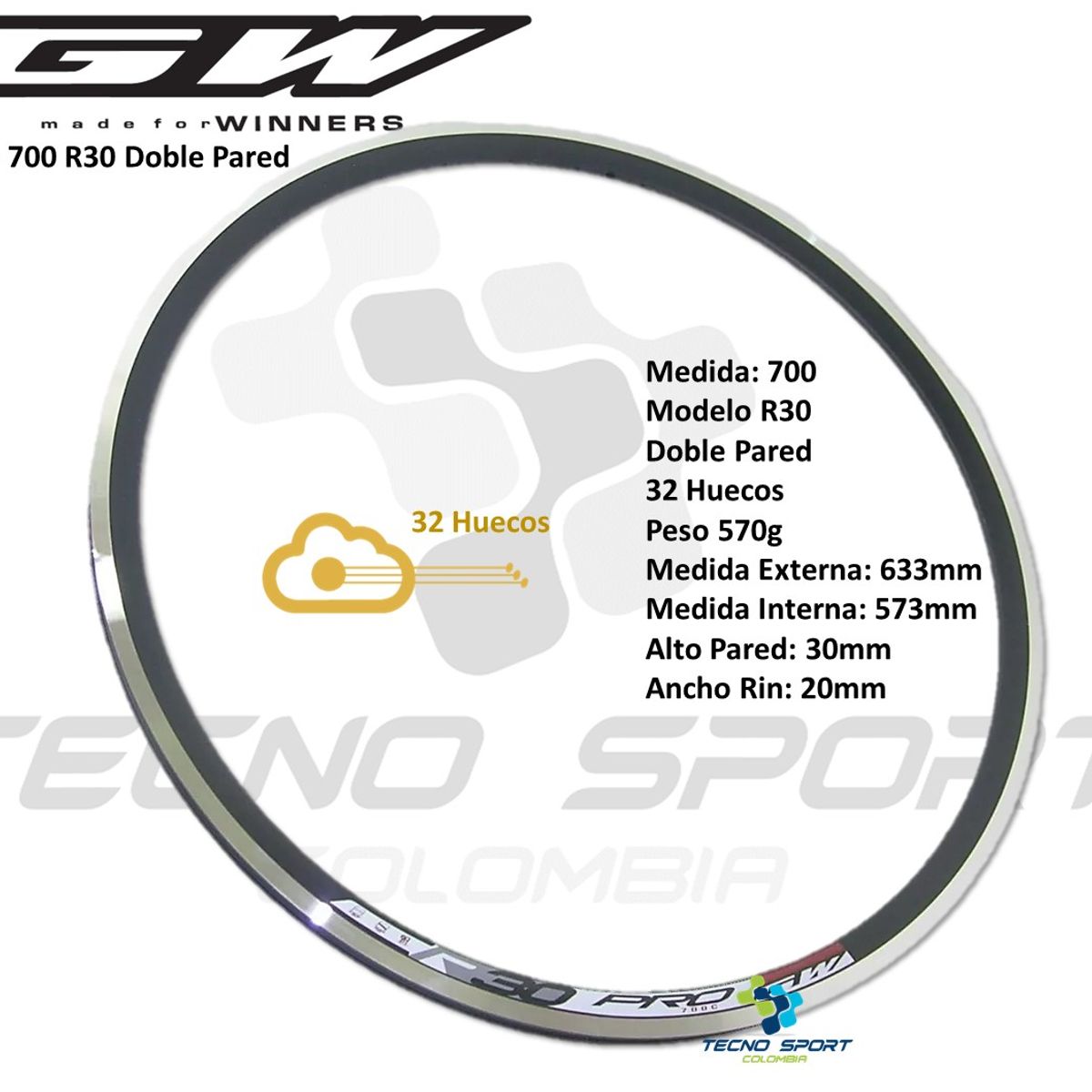 GW - Rin Bicicleta 700 Gw Ruta Doble Pared Aro 32 Huecos Aluminio