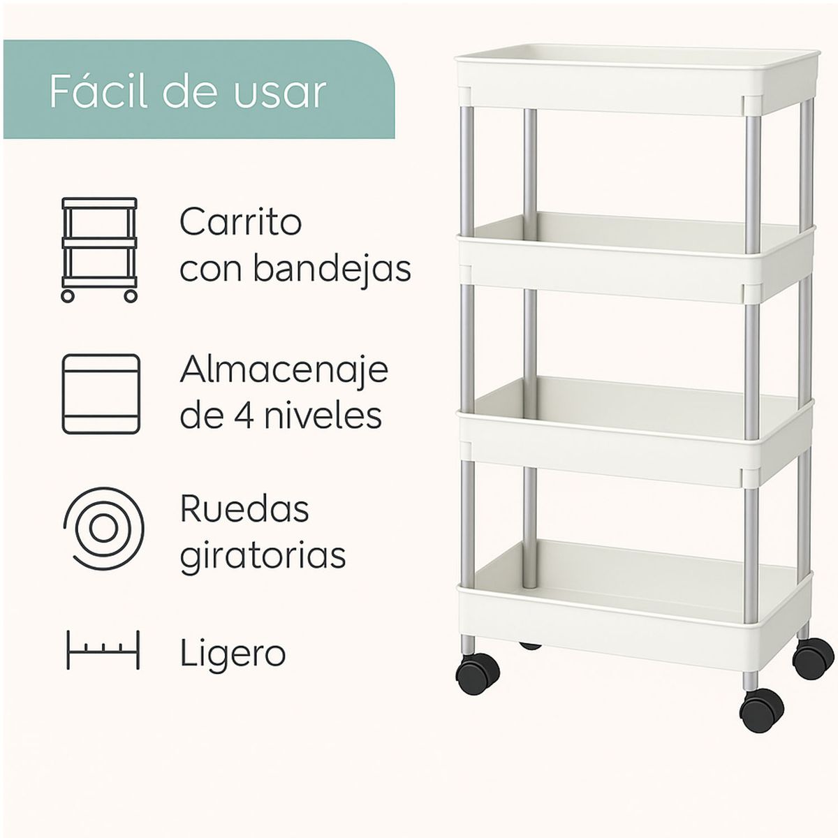 ONE PIXEL - Carrito Auxiliar Organizador Multiusos 4 Niveles 360 °Ruedas