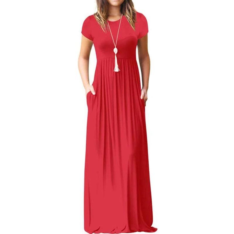 VIA7 - Vestido largo manga corta de bolsillos para mujer nuevo rojo