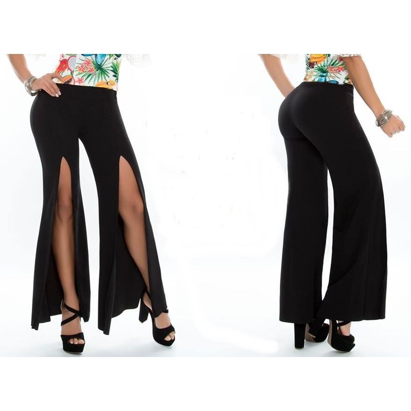 VIA7 - Pantalon licra talle alto bota amplia abertura pierna alta recta nuevo