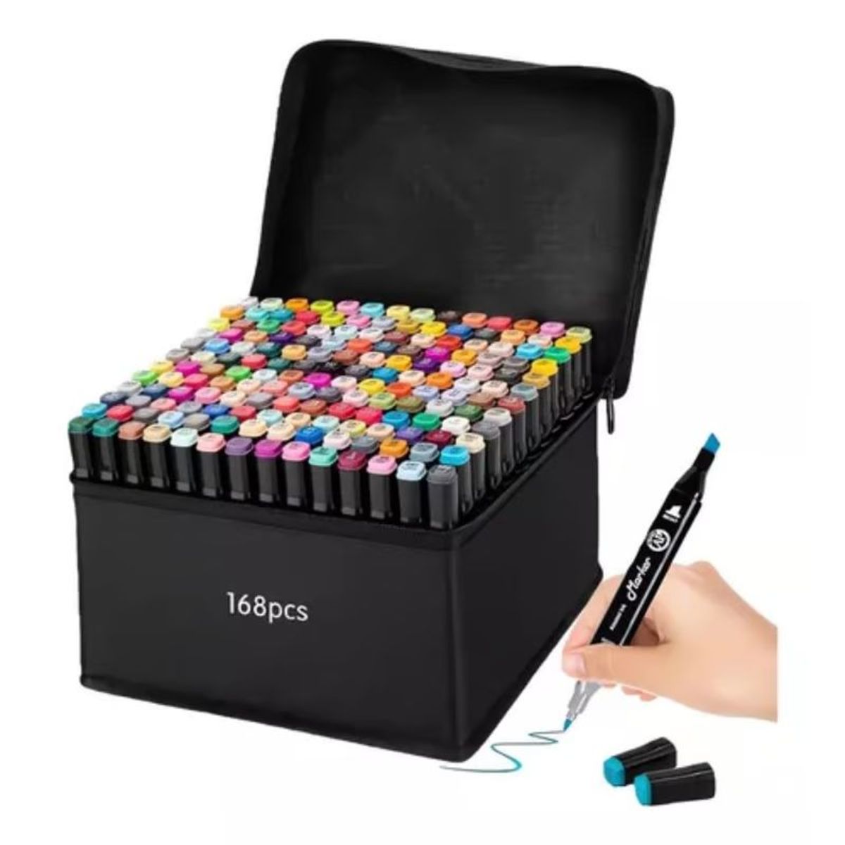 GENERICO - Kit Marcadores Doble Punta Plumones 168 Colores Estuche Tela